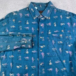 Vintage Duxbak Shirt Mens Large‎ Blue Fly Fishing Lure Print Button Up